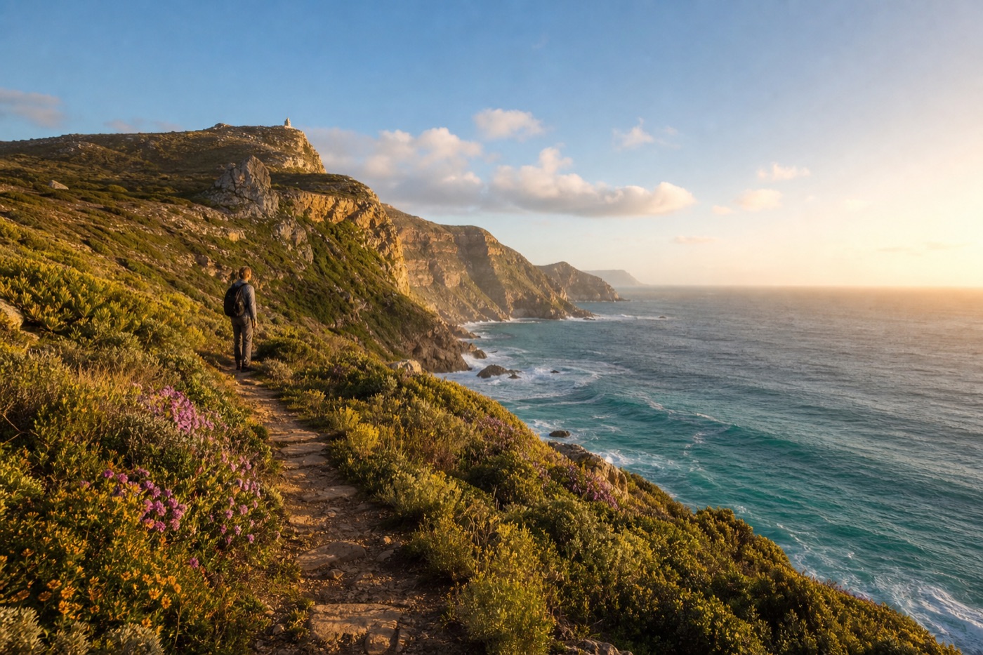 Traveller walking a Cape Point coastal trail above the ocean