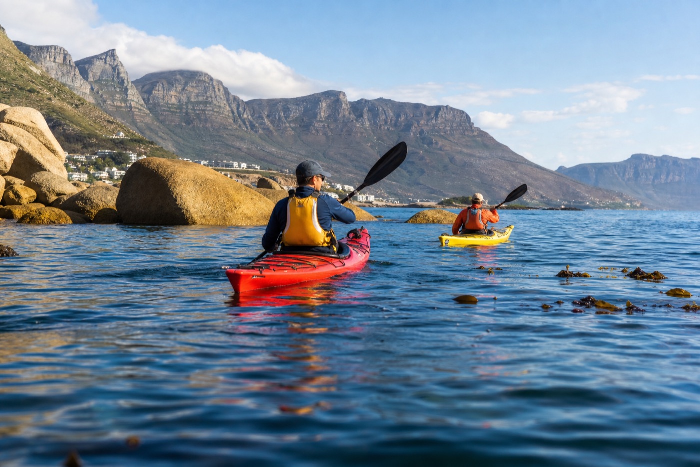 Sea kayakers paddling along the Atlantic coastline near Cape Town